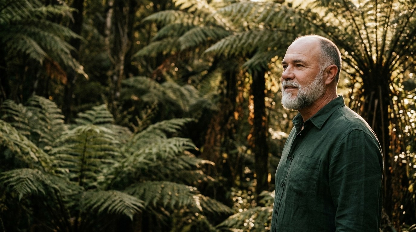 Tony McColgan standing among tree ferns in native New Zealand bush